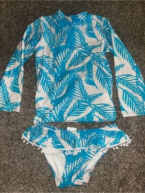 Girls Turquoise Leaf-Print Long Sleeve Rash Guard Swim Set